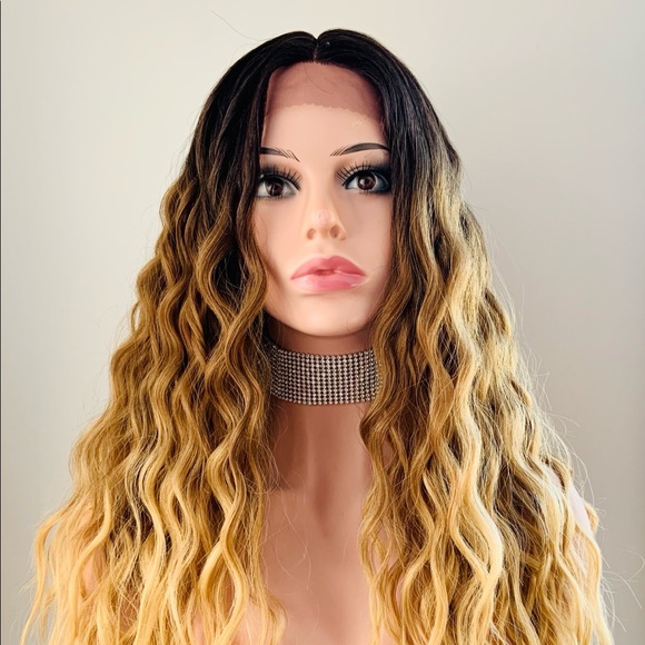 26” Water Wave Ombre Golden Brown/Blonde Premium Fiber Lace Front Wig - Picture 1 of 10